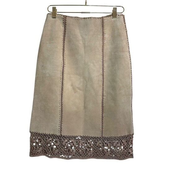 IDI Vintage Leather Suede Skirt‎ Women's M Tan Crochet Retro 70s 80s Hippie Boho - Picture 1 of 6